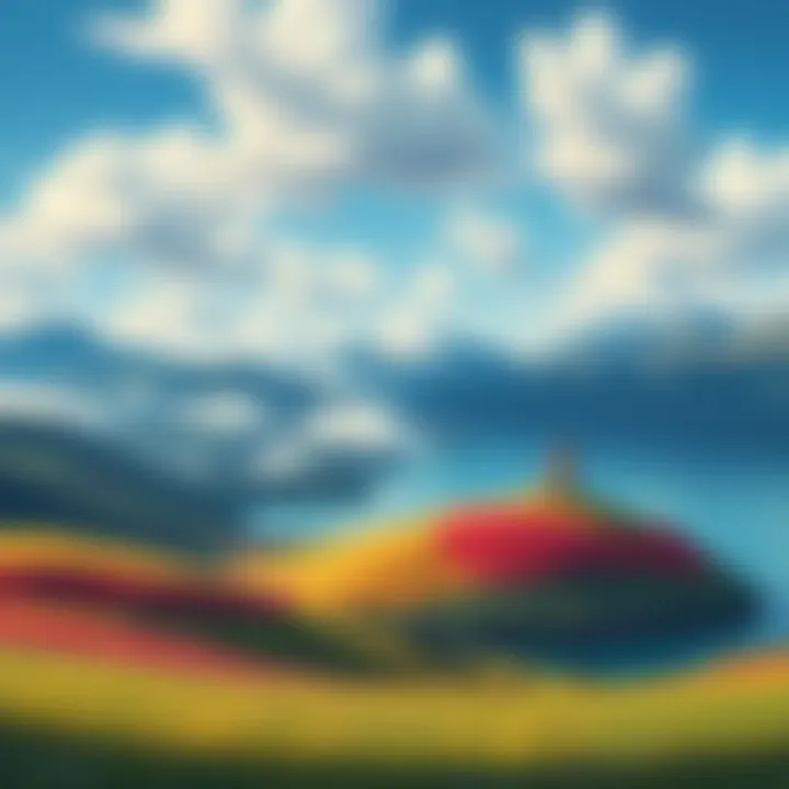 A vibrant painting showcasing rolling hills, a clear sky, and a serene lake, capturing the essence of nature's beauty.