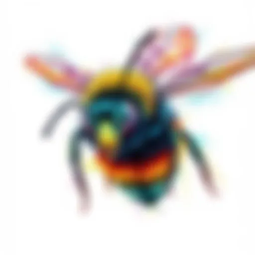 A colorful drawing of a bee highlighting its details and vibrancy
