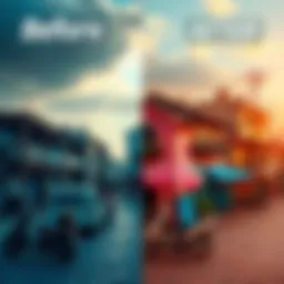 A split image showing a vibrant community before and after significant changes, illustrating improvements in lifestyle and environment.