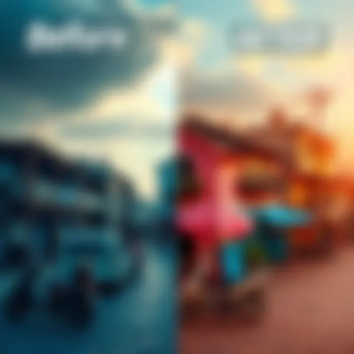 A split image showing a vibrant community before and after significant changes, illustrating improvements in lifestyle and environment.