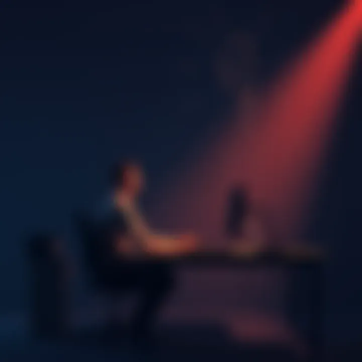 A beginner seated at a computer, looking stressed while working on a 3D modeling software, with a shadow of AI technology looming over them, symbolizing fear and self-doubt.