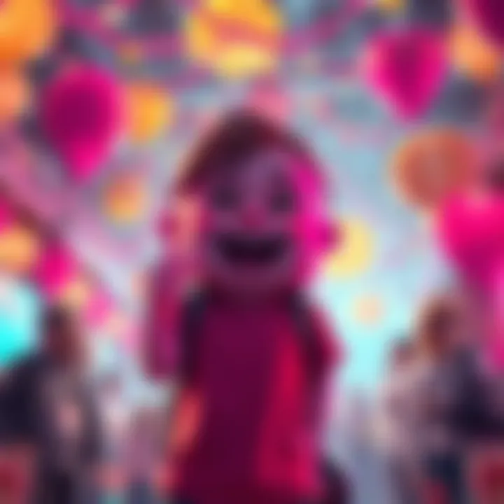 A beginner enthusiast excitedly holds a Kiby character toy, surrounded by colorful Kiby-themed decorations and people enjoying the event.