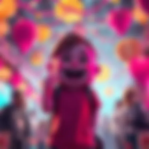 Beginner Celebrating Kiby A beginner enthusiast excitedly holds a Kiby character toy, surrounded by colorful Kiby-themed decorations and people enjoying the event.