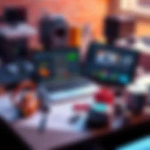 A collection of 3D modeling tools including a laptop, software interface, and design sketches for beginners