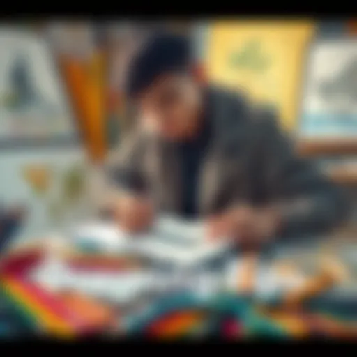 A new artist practicing drawing with colored pencils and sketchbook, surrounded by early artworks.