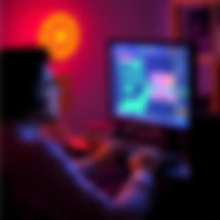 A beginner programmer working on ROM hacking at a computer, with gaming elements displayed on the screen