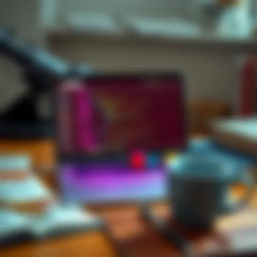 A laptop open to a coding program with colorful blocks representing code, surrounded by books and coffee for a cozy learning atmosphere.