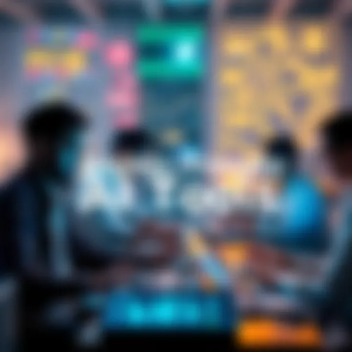 A diverse group of people using different AI tools on laptops and tablets, showcasing an engaging tech atmosphere.