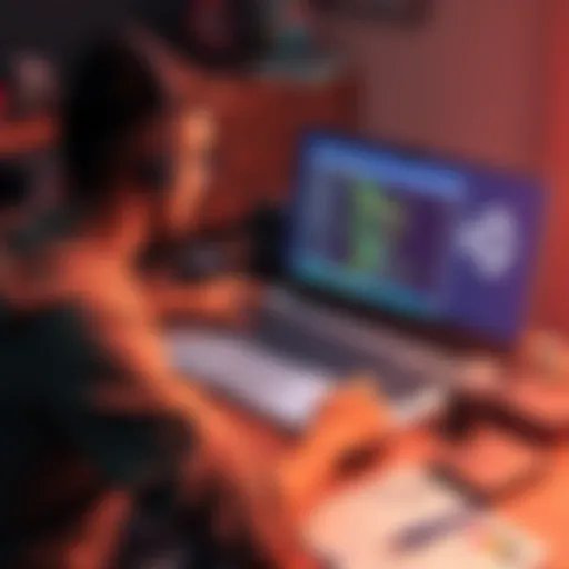 A person sitting at a desk with a laptop open, displaying Unity and code on the screen, surrounded by notes and gaming concepts.