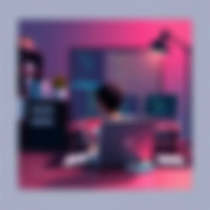 A person sitting at a desk with a laptop, looking at a GitHub interface, surrounded by coding books and notes.