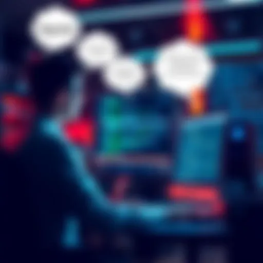 A person sitting at a computer, looking at programming code on the screen, with thought bubbles showing various signals and examples.