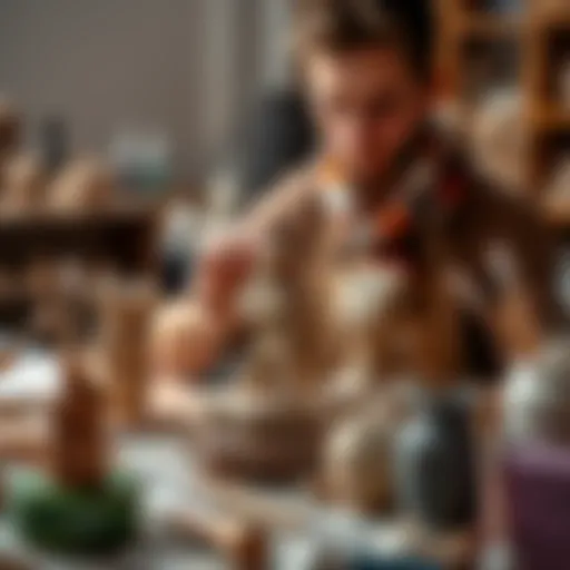A person showing a clay sculpture at a beginner sculpting class, surrounded by tools and materials.