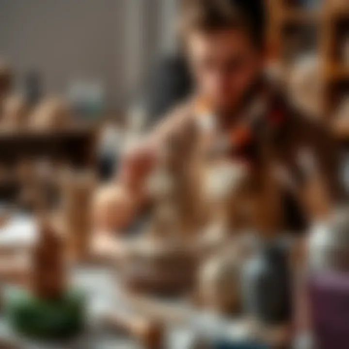 A person showing a clay sculpture at a beginner sculpting class, surrounded by tools and materials.