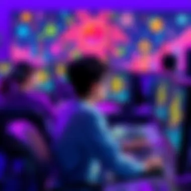 A group of beginners sitting at computers, focused on creating pixel art with colorful designs on their screens.