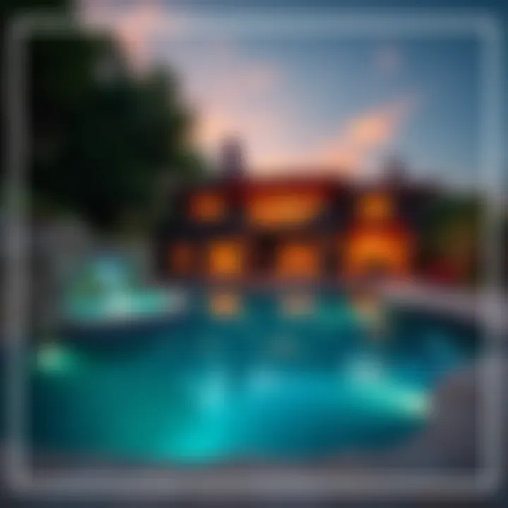 A beautiful pool with unique artistic features and a functional layout, surrounded by vibrant landscaping.