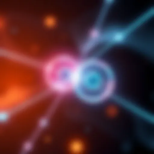 Illustration showing two entangled particles representing Bell states in quantum mechanics, with lines connecting them to symbolize quantum communication and entanglement.