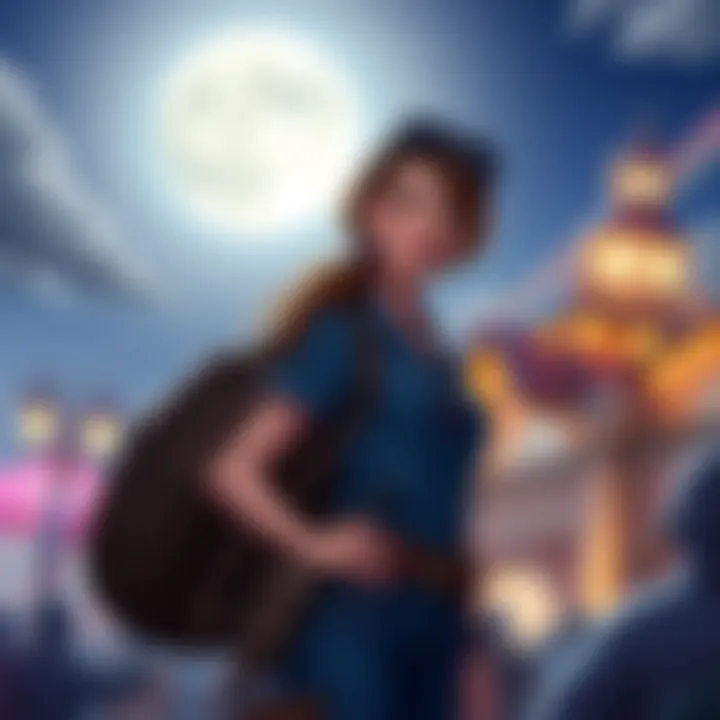 Belle dressed in adventurous attire, smiling confidently as she stands under a moonlit sky, ready for a night of excitement.