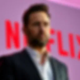 Ben Affleck stands next to the Netflix logo, symbolizing the sale of his AI post-production company to the streaming service.