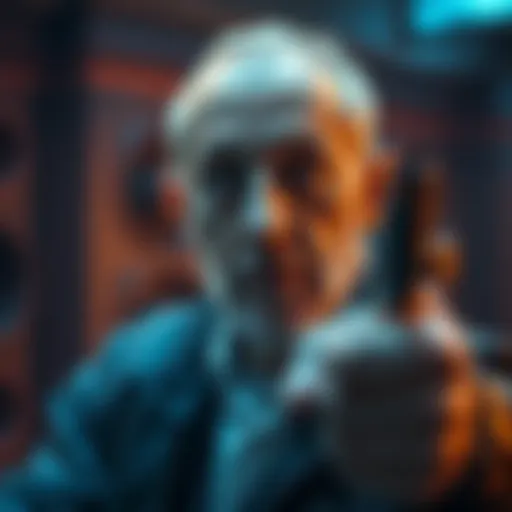 Ben Kingsley portraying a character in a film, emphasizing themes of AI and creativity