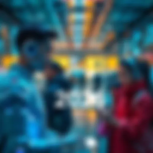 A futuristic view of people engaging with c.ai technology, showcasing its features and advantages in daily life, emphasizing user experience and innovation.