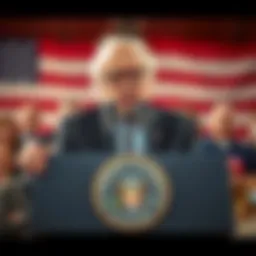 Bernie Sanders stands at a podium, speaking about his $7 trillion plan to enhance American control over the artificial intelligence industry, with a crowd behind him.
