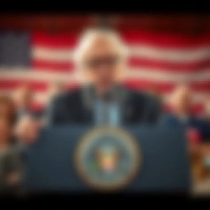 Bernie Sanders stands at a podium, speaking about his $7 trillion plan to enhance American control over the artificial intelligence industry, with a crowd behind him.