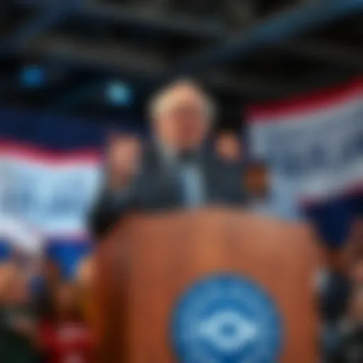 Senator Bernie Sanders stands at a podium announcing a new bill to share AI industry profits with the public, surrounded by supporters and banners promoting economic fairness.