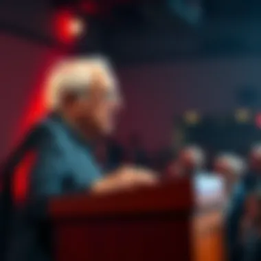 Bernie Sanders speaking at a podium addressing AI wealth distribution, with an audience engaged in the background.