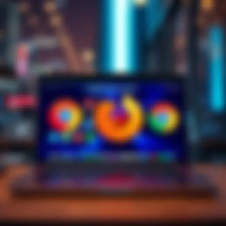 A laptop screen displaying various web browsers with icons for extensions and automation tools