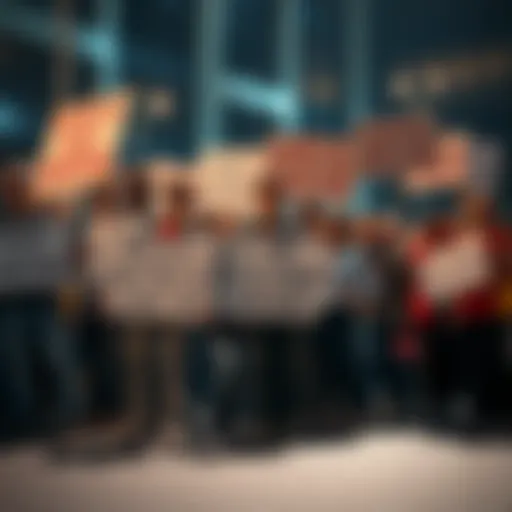 Group of Bethesda developers holding signs advocating for better protections during layoffs, showing concern for their job security and morale.