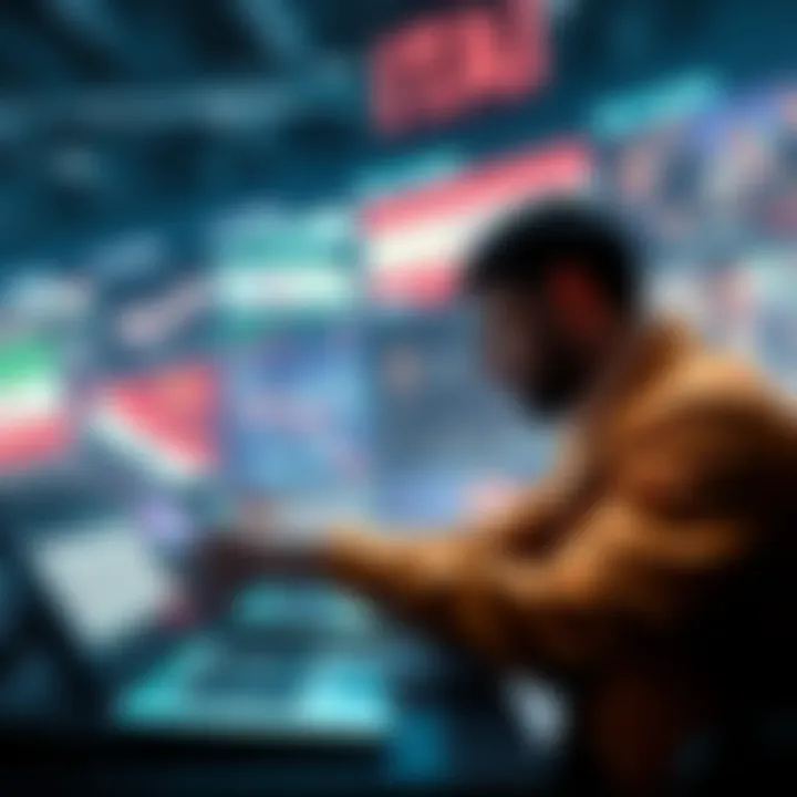 A person placing bets on a digital platform, with images of conflict symbols in the background.