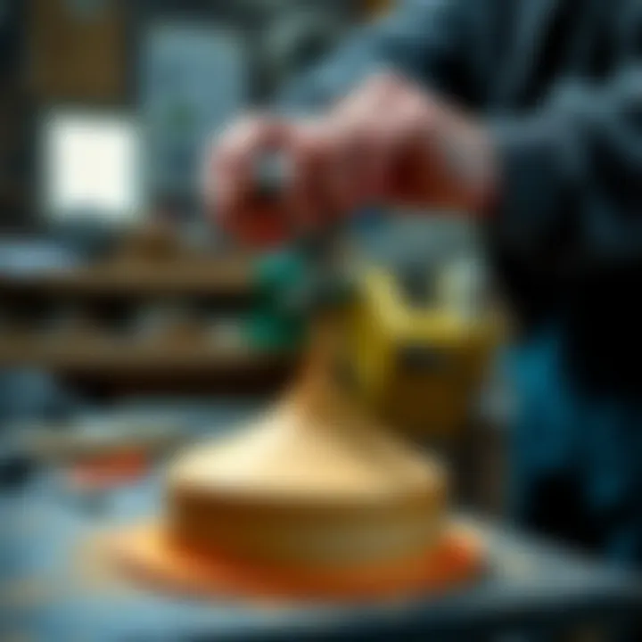 A person using a tool to create a smooth bevel between a cone and its base in a workshop.