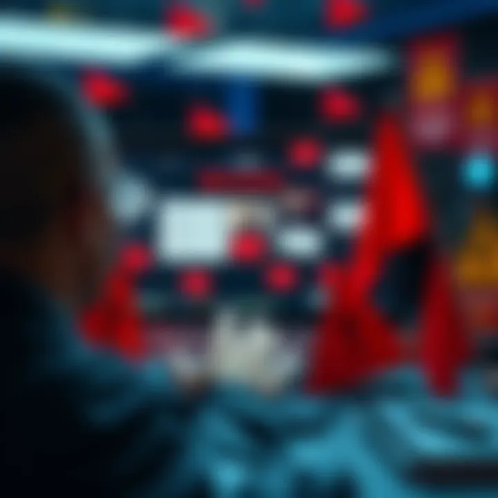 A person looking at a computer screen with suspicious marketing emails, surrounded by red flags and warning signs.