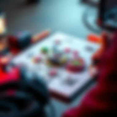 A person drawing game designs inspired by spinning top battles on a sketch pad, with colorful designs and mechanics on display.