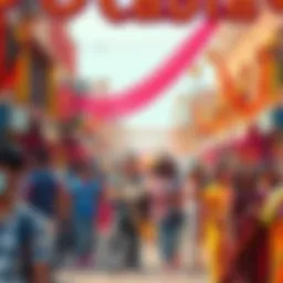 A vibrant street scene with people enjoying the Bhabhi Road Show, featuring colorful decorations, local performers, and a lively atmosphere.