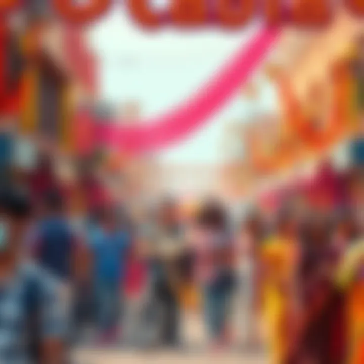 A vibrant street scene with people enjoying the Bhabhi Road Show, featuring colorful decorations, local performers, and a lively atmosphere.
