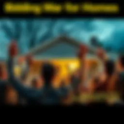 A group of people bidding at a house auction with raised hands and excited expressions, in front of a modest single-family home.