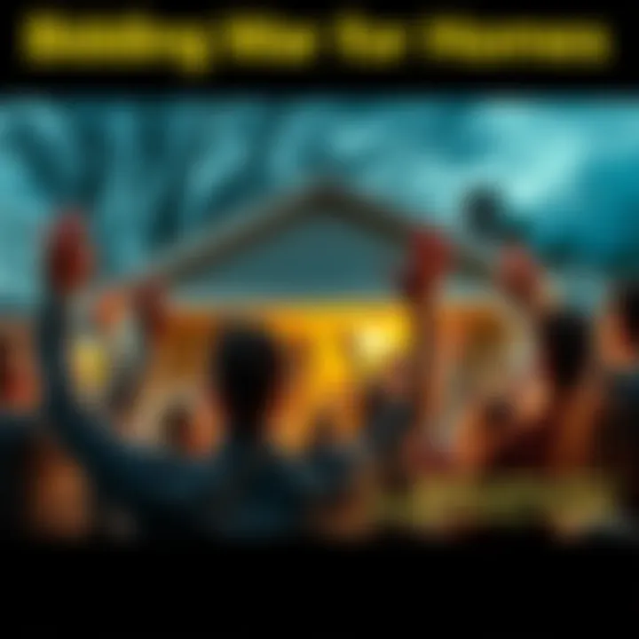 A group of people bidding at a house auction with raised hands and excited expressions, in front of a modest single-family home.