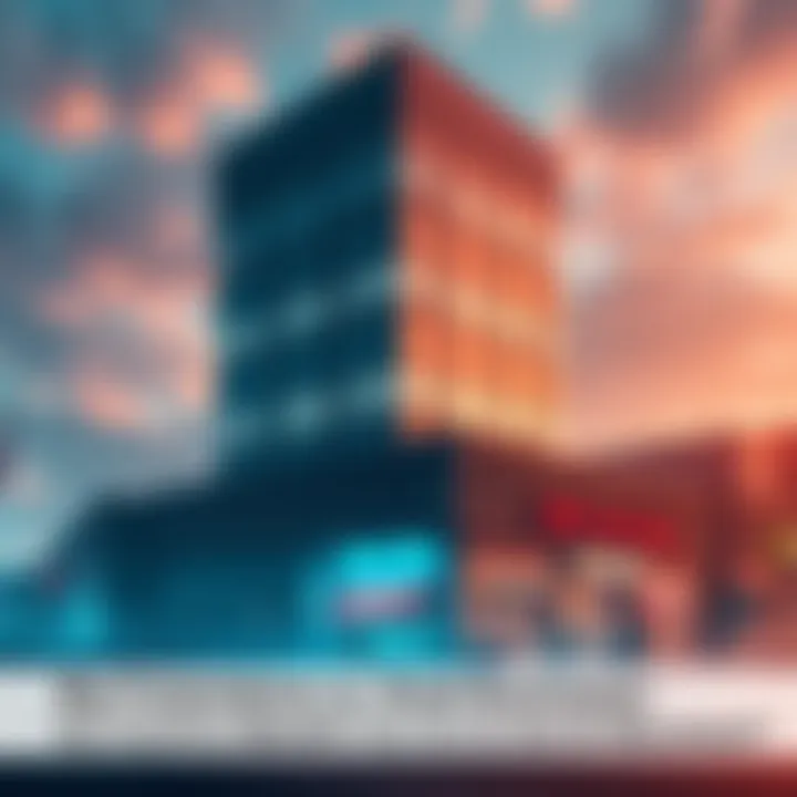 A large corporation building overshadowing a small family-owned shop, representing the impact of anti-AI movements on businesses