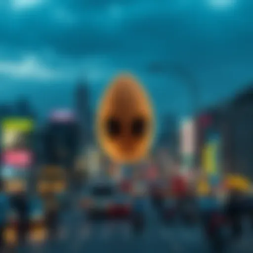 A large almond shape with eyes watching over a busy city scene, symbolizing unseen observation in daily life.