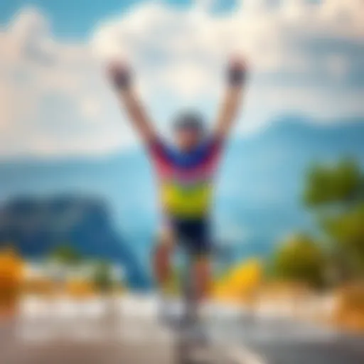 A cyclist smiles and raises arms in excitement after completing a scenic bike ride, with a beautiful landscape in the background.
