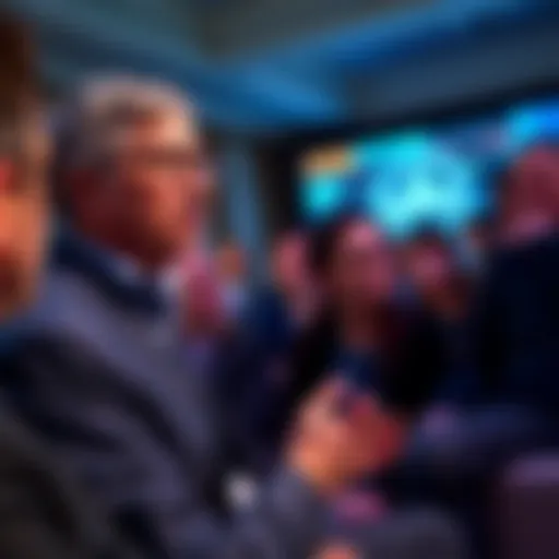Bill Gates speaking at a conference about the risks of artificial intelligence while tech executives listen intently.
