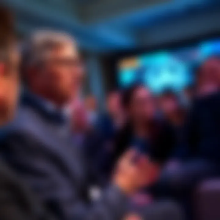 Bill Gates speaking at a conference about the risks of artificial intelligence while tech executives listen intently.