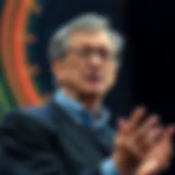 Bill Gates speaking at a conference with a worried expression, discussing the risks of artificial intelligence and its potential consequences.