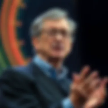 Bill Gates speaking at a conference with a worried expression, discussing the risks of artificial intelligence and its potential consequences.