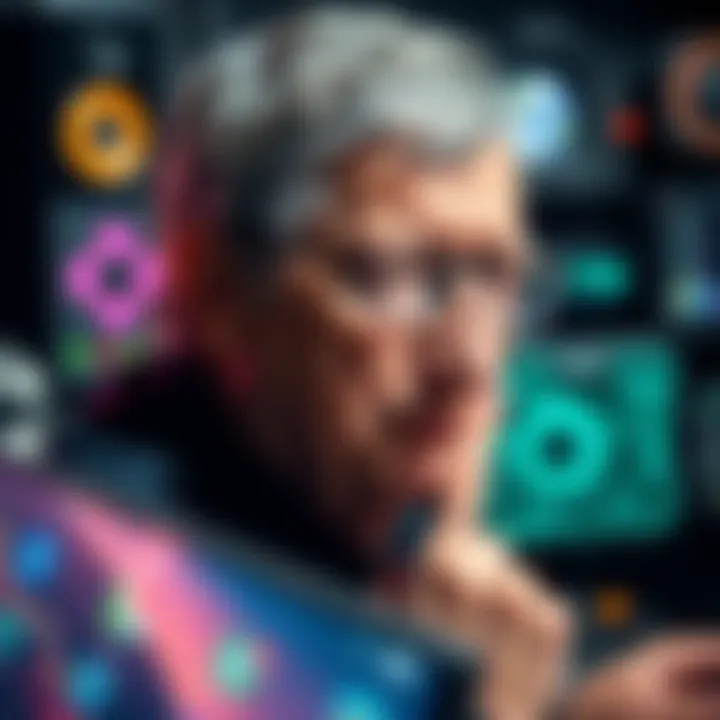 Bill Gates looking thoughtful, surrounded by tech gadgets, symbolizing his change in views on technology