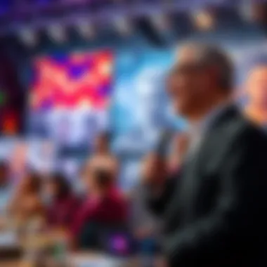A billionaire giving a speech while artists present their work in the background, showcasing collaboration and innovation