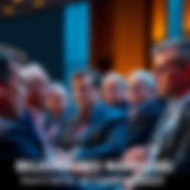 A group of billionaires discussing artificial intelligence at a conference, with concerned expressions on their faces, highlighting the importance of technology awareness.