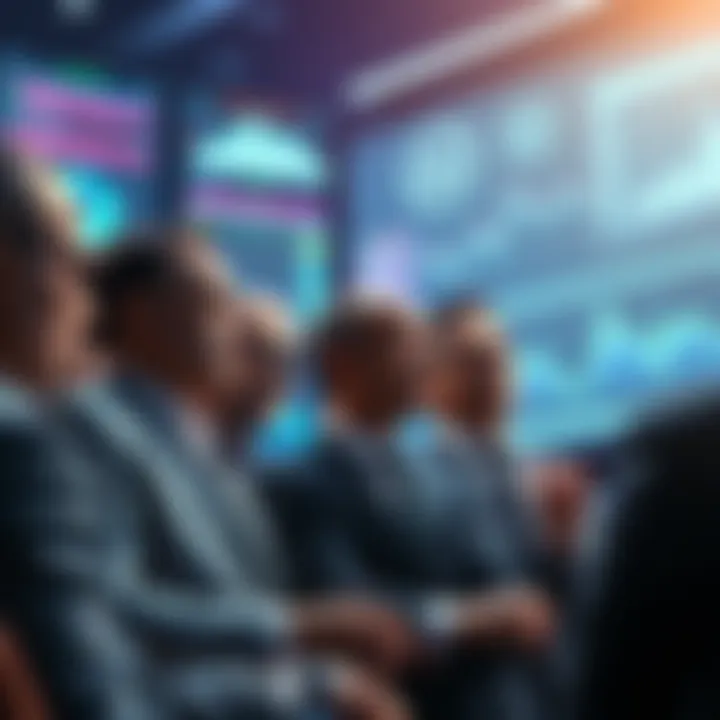 A group of wealthy individuals discussing AI technology, with a backdrop of digital screens showing AI data and graphs.