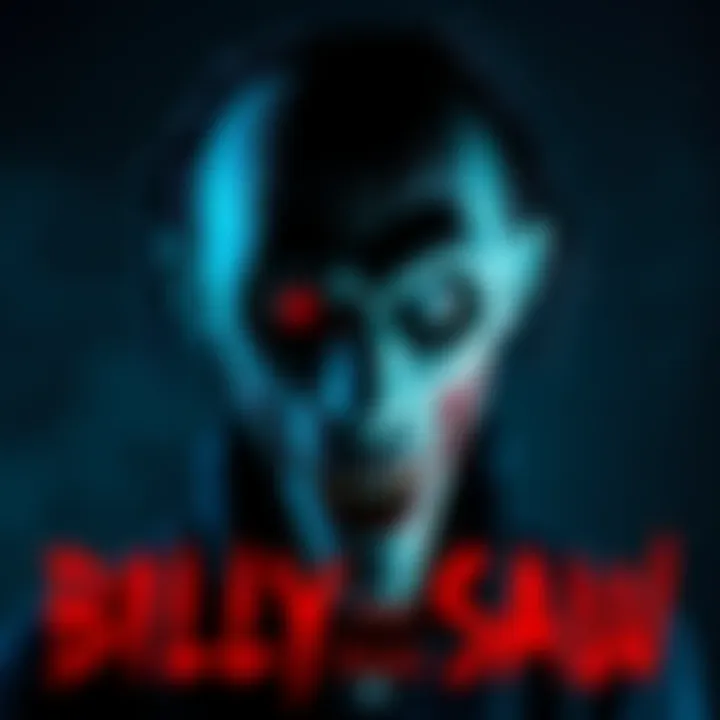 A chilling dark pop art piece featuring Billy from SAW, showcasing his signature jigsaw puppet look with prominent features and a spooky expression.